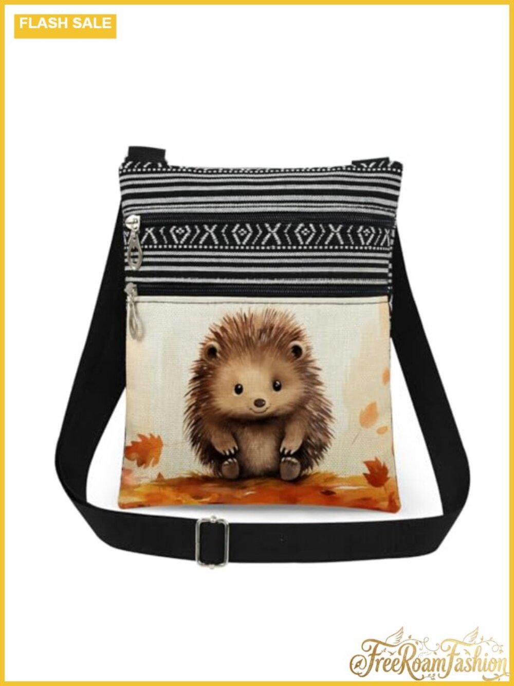 Polyester Crossbody Bag Adjustable Strap Double Layer Zipper Hedgehog Print
